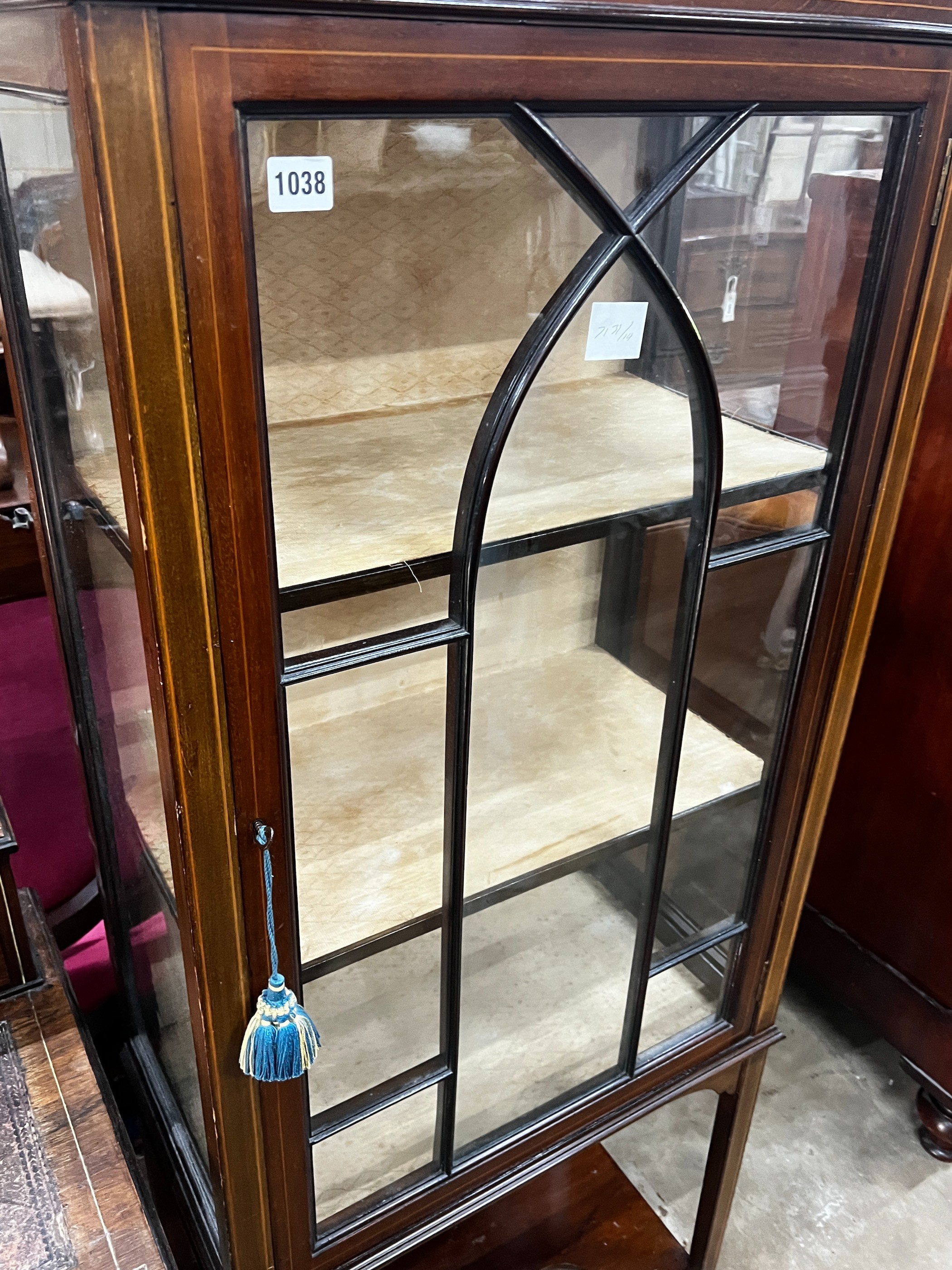 A small Edwardian mahogany display cabinet, width 61cm, depth 33cm, height 160cm